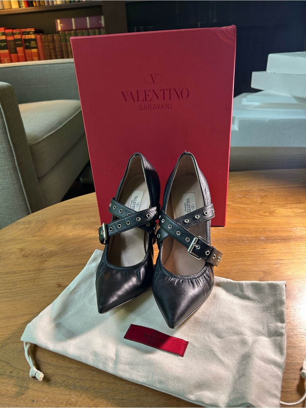 Valentino Garavani Black Leather Pointed Mary Jane Pumps with Studded Straps